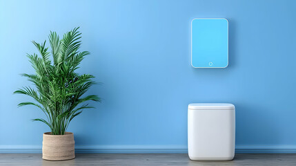 Modern Minimalist Interior with Potted Plant and Blue Wall