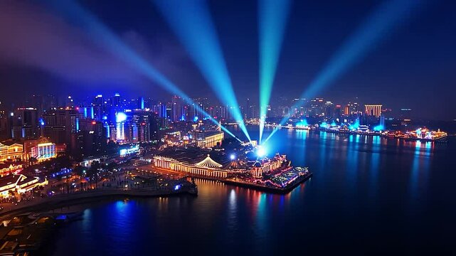 Aerial view of illuminated city waterfront at night with laser shows