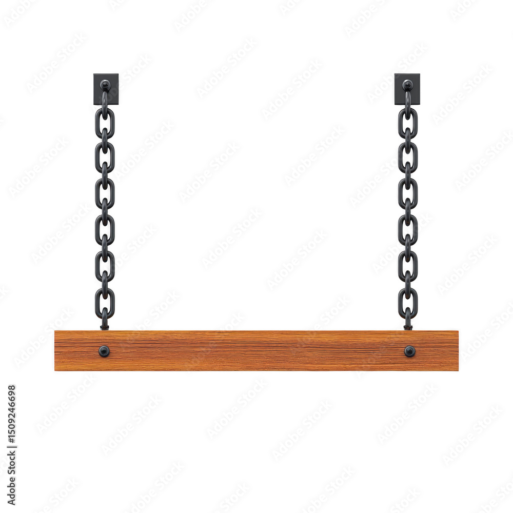 Poster wooden signboard hangs from two black metal chains, creating rustic and inviting appearance. simple 