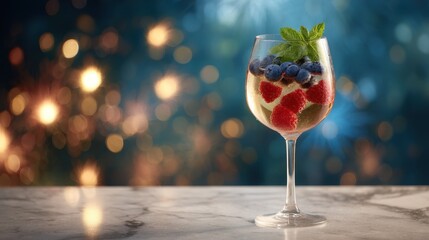 Tricolor cocktail with blueberries, raspberries, and mint, celebrating French National Day with festive elegance.
