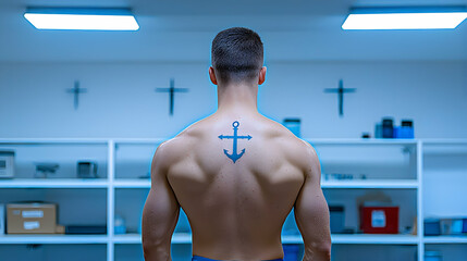 Muscular Man with Anchor and Cross Tattoo on Back
