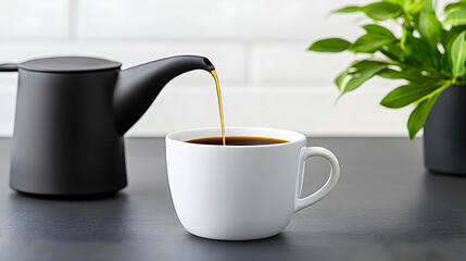 Pouring Coffee into White Mug on Dark Surface