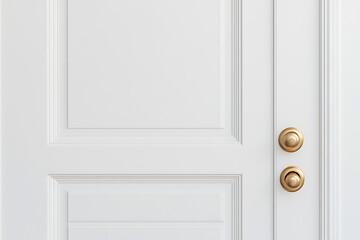 Elegant white door with raised panels and brass knobs. Clean lines and classic design for a sophisticated entry way. Inviting and timeless.