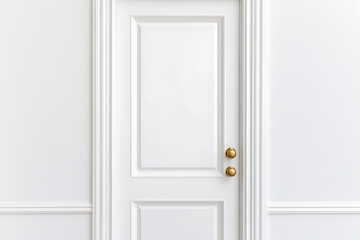 White paneled door with golden door knobs framed with decorative moulding in front of matching wall paneling, providing a sense of simplicity and elegance.