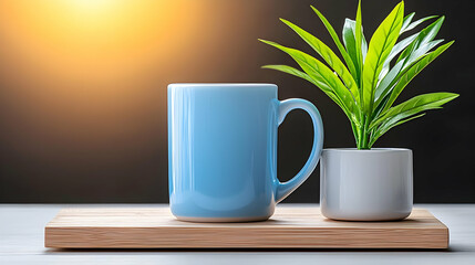 Blue Mug and Green Plant on Wooden Tray