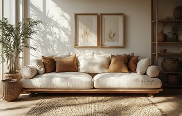 Modern Minimalist Living Room Sofa Mockup  Beige and Wood Interior Design Concept