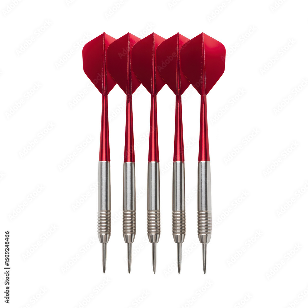 Poster five red darts with metallic tips and shafts are neatly arranged in row, showcasing their sleek desi