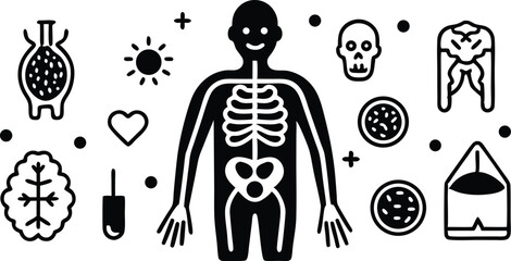 Human Body Health Icons with Skeletal System Outline