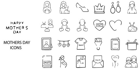Mothers Day simple concept 24 hand drawn Grew and Black color icons set .Vector illustration.	