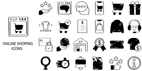 Online Shopping simple concept 24 hand drawn Grew and Black color icons set .Vector illustration.
