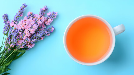 Lavender Flowers and Orange Herbal Tea in White Mug on Blue Background