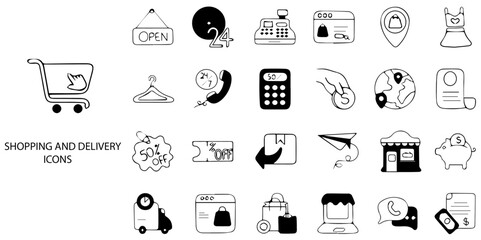 Shopping and Delivery simple concept 24 hand drawn Grew and Black color icons set .Vector illustration.	