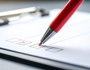 Red pen marking checkboxes on a checklist on a clipboard