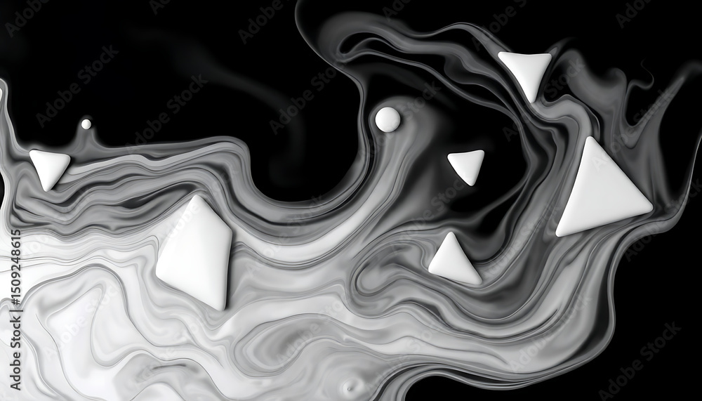 Aufkleber abstract composition of fluid swirls with 3d triangle shapes on a black background