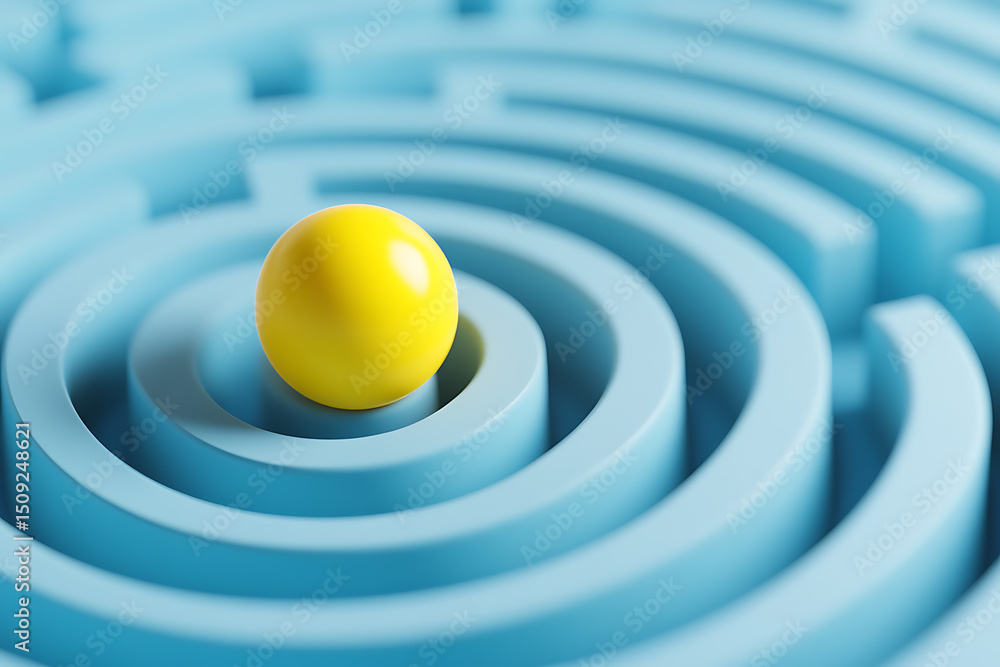 Poster bright yellow ball in the center of a pale blue circular maze. shows solving problems, finding solut