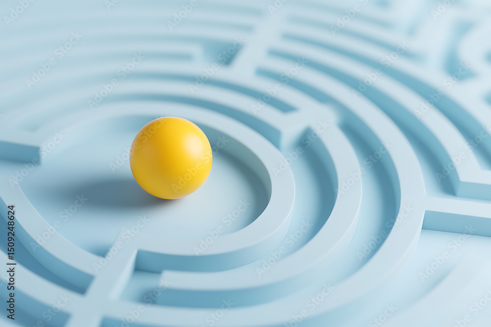 Poster navigating challenges with a bright sphere symbolizing solutions. abstract, minimalist, and focus on