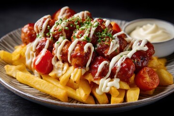 Fototapeta premium Currywurst Pommes Teller Currywurst mit Soße Currywurst mit Mayo Pommes Spezial Streetfood Klassiker Deutsche Imbissküche Wurst mit Soße Pommes mit Kräutern Fastfood Gericht Snackteller Lecker