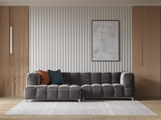 Mock up of a compact living room with trendy sofa design and stylish decorative background, 3D rendering.