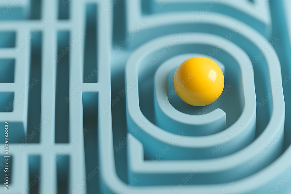 Poster yellow sphere sits at center of blue maze. a symbol of success and problem-solving through complex m