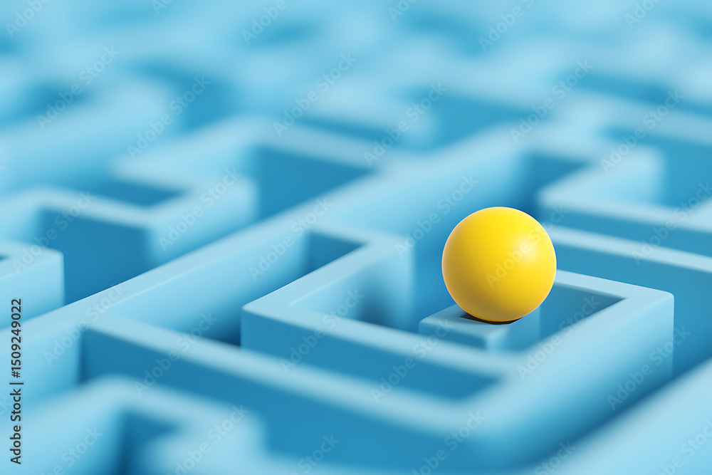 Poster a yellow sphere in a light blue maze. illustrates concepts like problem-solving, finding solutions, 