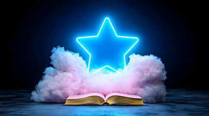 Glowing Neon Star Above Open Book in Pink Clouds