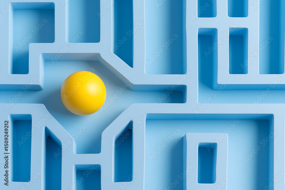 Poster navigating complexity: a vibrant yellow sphere amidst a calming blue labyrinth, symbolizing problem-