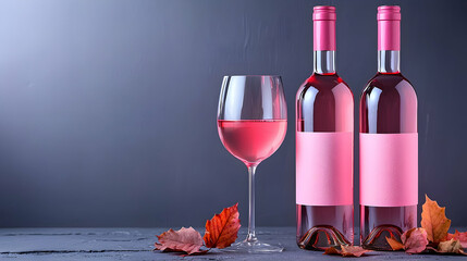 Two Bottles and Glass of Pink Ros? Wine with Autumn Leaves