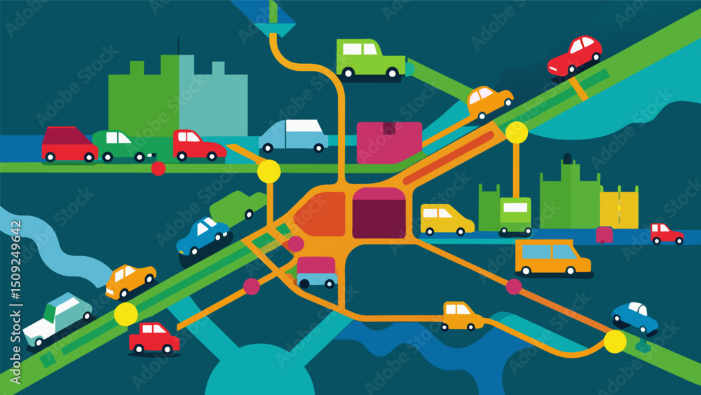 Poster a colorcoded map that displays the current traffic flow of a bustling city indicating which routes a
