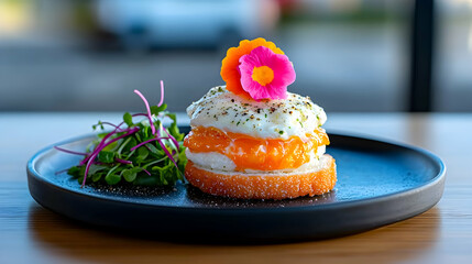 Elegant Poached Egg and Smoked Salmon Dish with Microgreens and Edible Flowers