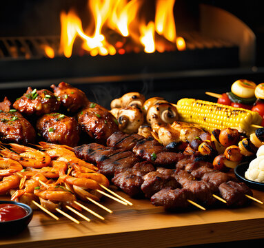 verity of BBQ foods on the table with fire grill on the background.