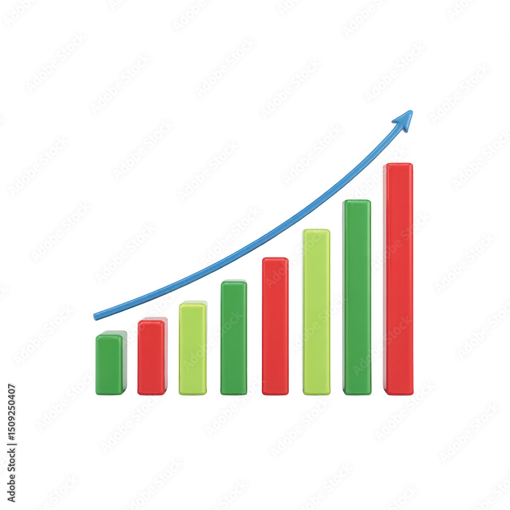 Poster colorful bar chart with ascending green and red bars and upward blue arrow symbolizes growth and pro