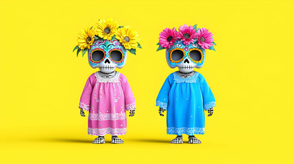 Two Sugar Skulls with Flower Crowns in Pink and Blue Dresses on Yellow Background
