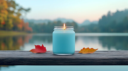 Blue Candle on Wooden Dock by Autumn Lake at Sunset