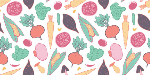 Seamless mixed vegetable pattern in hand-drawn doodle illustration style, colorful pastel light colors on a transparent background. Veggie Time! Series.