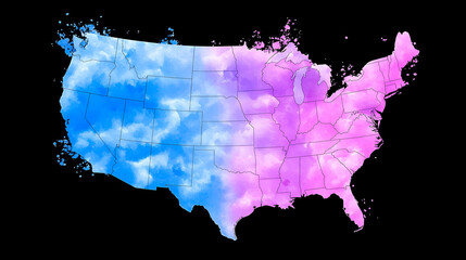 Abstract Watercolor Map of the United States in Blue and Pink