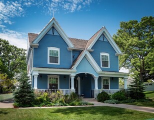 two story blue house with decorative gables and lush surroundings
