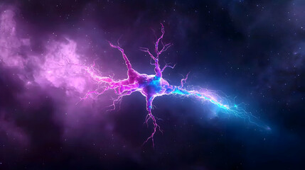 Abstract Glowing Neuron in Cosmic Space. Pink Blue Purple Glowing Particles Digital Neural Network