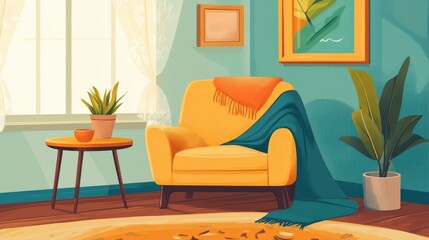 Room interior with cozy armchair, blanket, and nesting tables