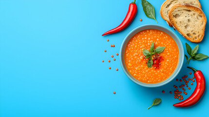 Vibrant Red Lentil Soup with Chili Peppers and Bread on Blue Background