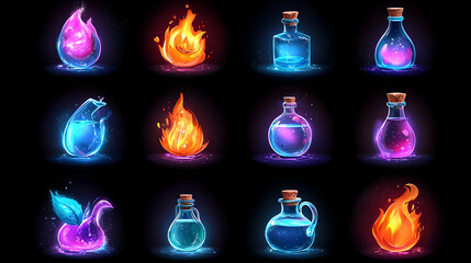 Pixel Art Potions: Glowing Fantasy Bottles in Dark Background