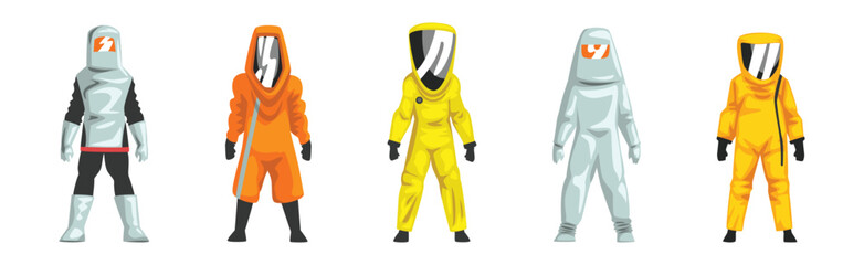 Protective Hazmat Suit of Employee of Disinfecting Services Vector Set