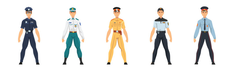Man Police Officer Character in Uniform of Different Countries Vector Set