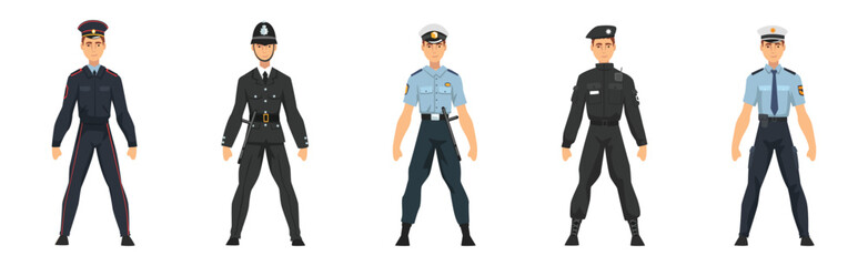 Man Police Officer Character in Uniform of Different Countries Vector Set