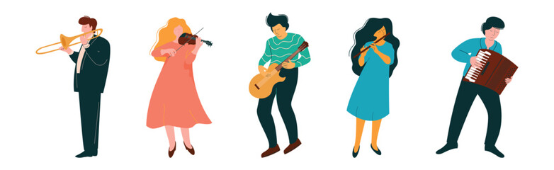 Man and Woman Play Different Musical Instrument Perform Concert in Orchestra Vector Set