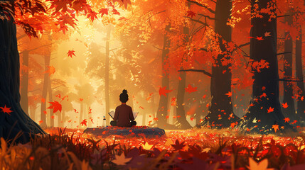 Autumn forest scene with warm colors, falling leaves, and someone journaling beside a meditation stone.
