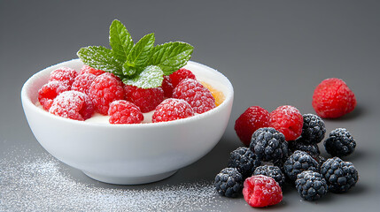 Raspberries and Blackberries in Yogurt with Mint and Powdered Sugar