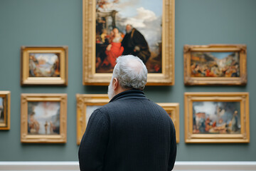 Art Enthusiast: Man views framed paintings in an art gallery. A gray-haired man engrossed in paintings at a museum, seeking inspiration.