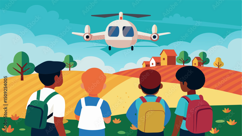 Poster a group of schoolchildren on a field trip stare in awe as an evtol lowers itself into the farm allow