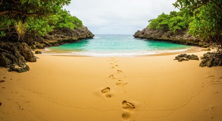 Fototapeta premium Secluded Tropical Beach Paradise: Footprints in the Sand