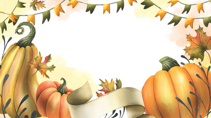 Orange autumn pumpkins with maple leaves, flags garland and twigs. Watercolor illustration, hand drawn. Horizontal frame, template for text rectangular isolated from background Thanksgiving, Harvest